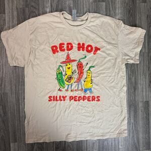 Red Hot Silly Peppers Shirt Gildan XL Beige Funny Chili Cartoon Band Parody